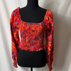 Elegant Red Floral Smocked Blouse